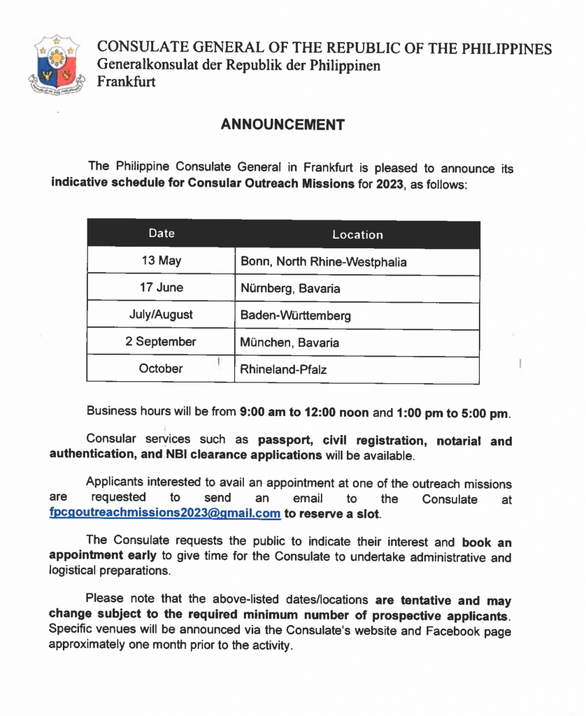 Announcement on the Indicative Schedule for Consular Outreach Missions