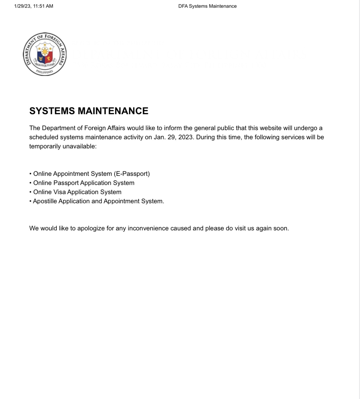 DFA Systems Maintenance