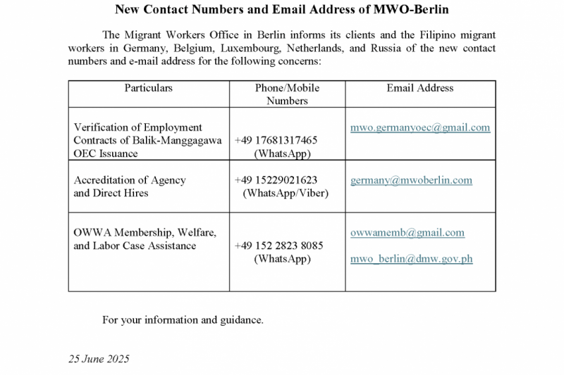 New Contact Numbers and Email Address of MWO-Berlin